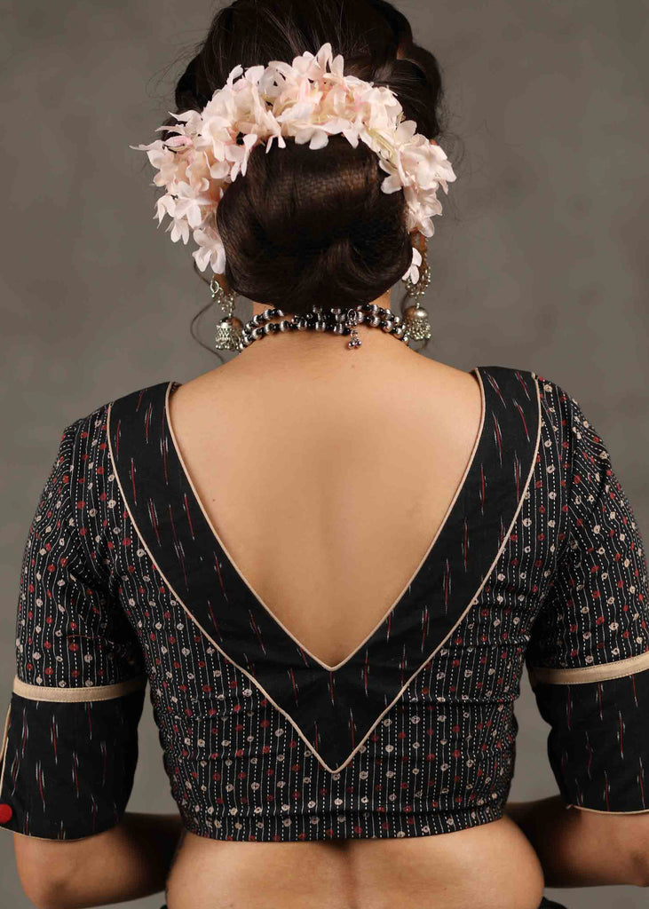 Exclusive Black Ajrakh Kantha with Ikat Combination Blouse