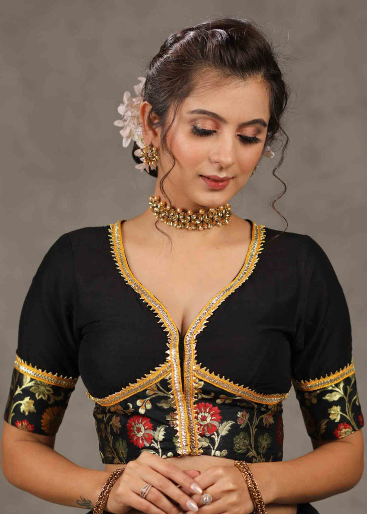 Elegant Black Cotton Silk Blouse with Brocade Detailing Highlighted with Gota Patti Lace