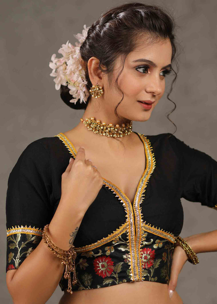 Elegant Black Cotton Silk Blouse with Brocade Detailing Highlighted with Gota Patti Lace