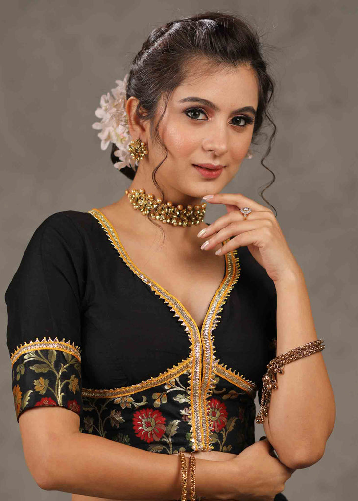 Elegant Black Cotton Silk Blouse with Brocade Detailing Highlighted with Gota Patti Lace