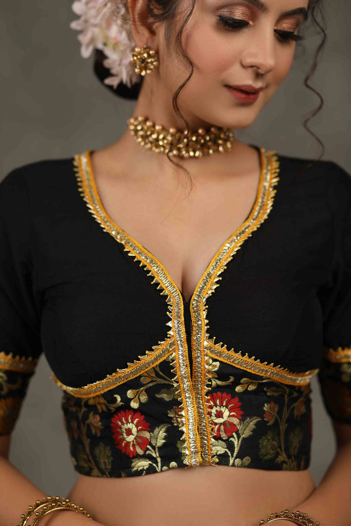 Elegant Black Cotton Silk Blouse with Brocade Detailing Highlighted with Gota Patti Lace