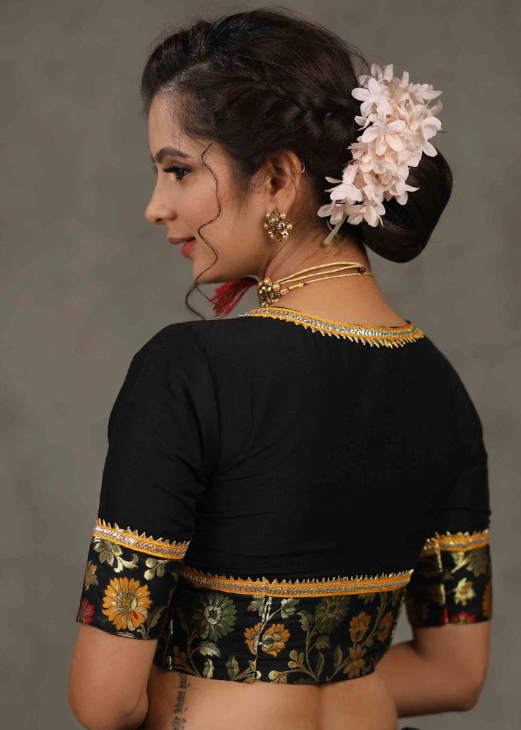 Elegant Black Cotton Silk Blouse with Brocade Detailing Highlighted with Gota Patti Lace