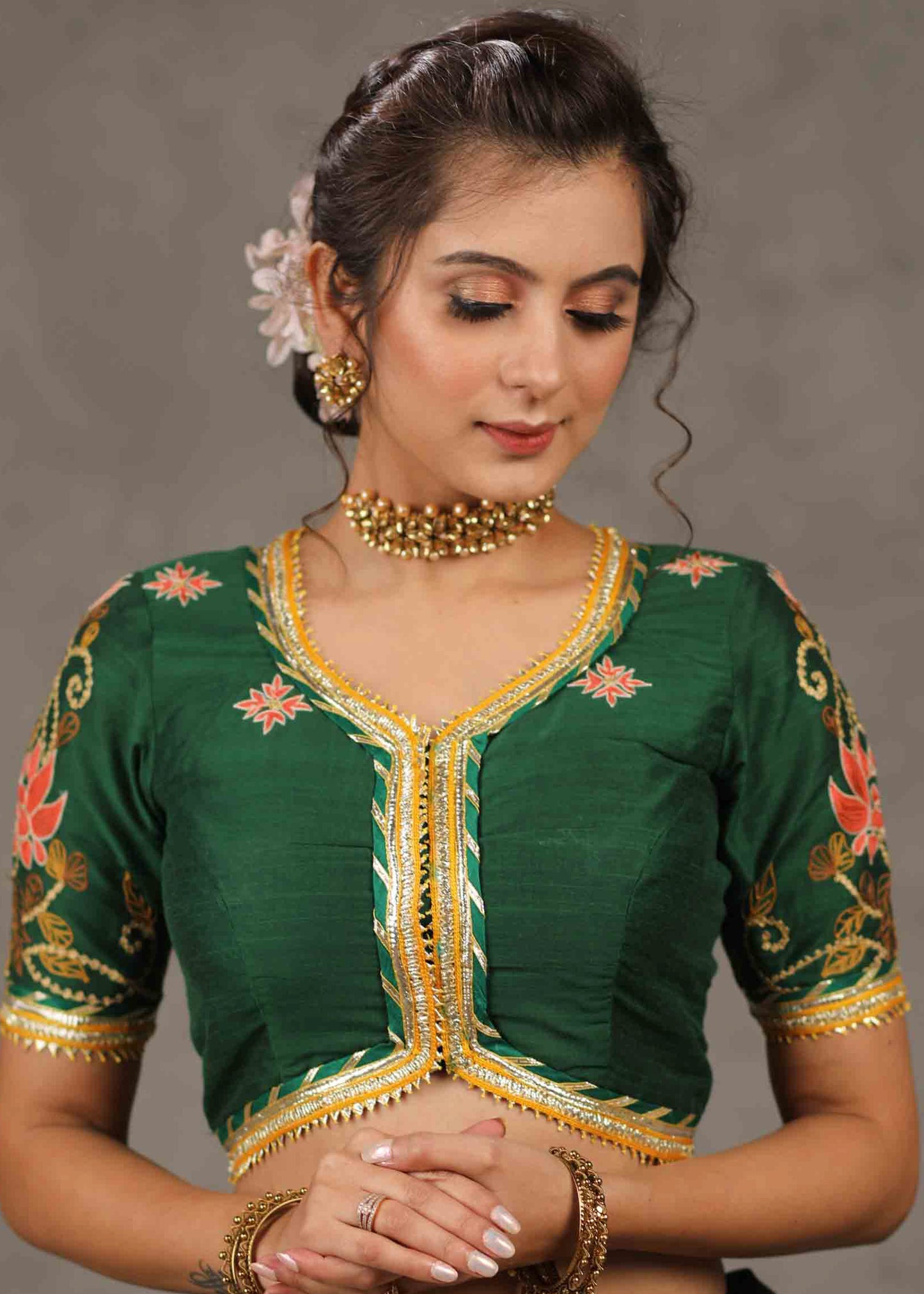 Elegant Bottle Green Cotton Silk Blouse with Lotus Embroidery on Back and Sleeves Highlighted with Gota Patti Lace