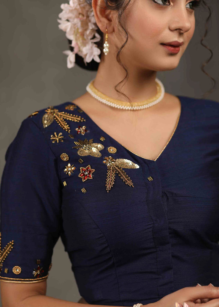 Beautiful Navy Blue Blouse with Elegant Embroidery on Sleeves and Shoulder.