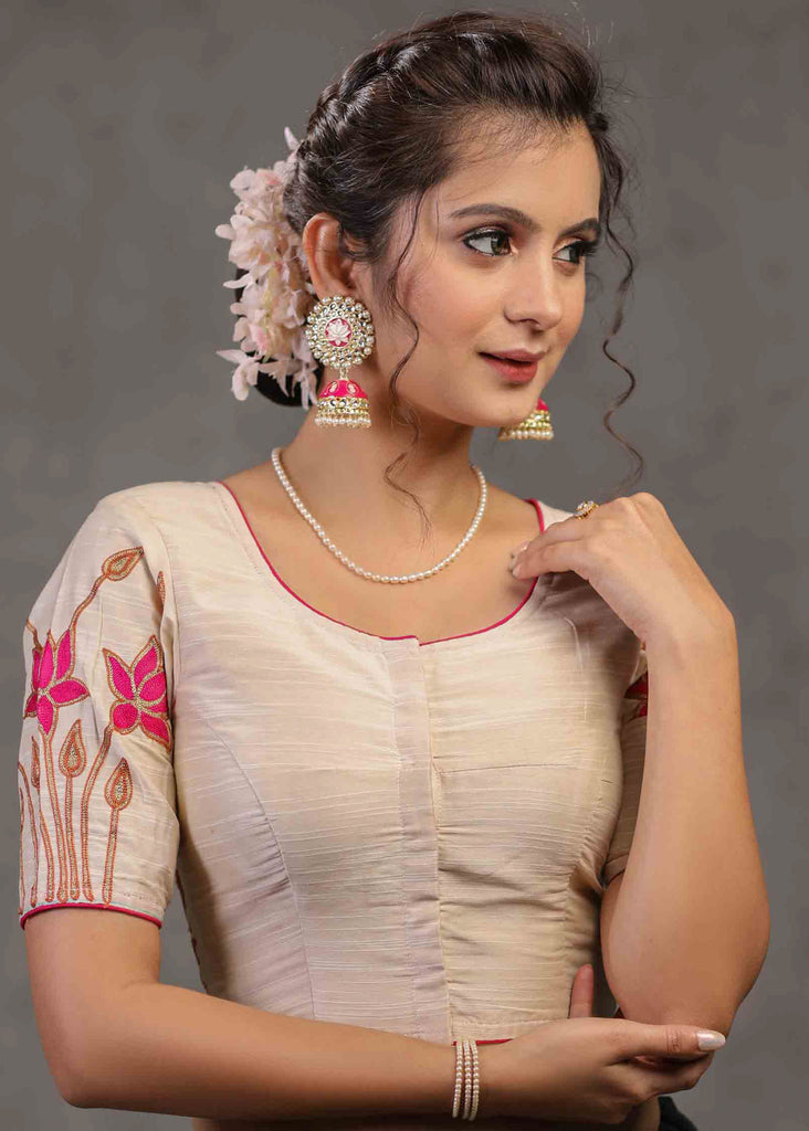 Classy Ivory Cotton Silk Blouse with Beautiful Lotus Embroidery on Back and Sleeves