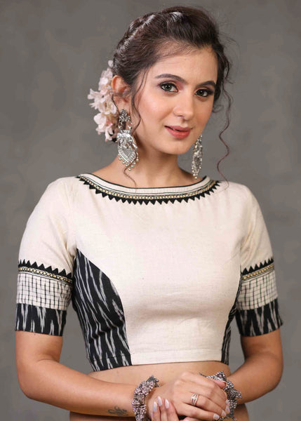 Standout Off White Cotton with Ikat Combination Blouse with Beautiful Tribal Embroidery and Fisheye Keyhole on The Back