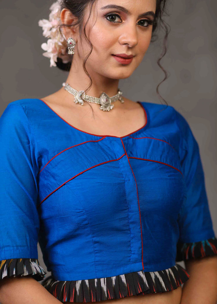 Standout Royal Blue Cotton Silk Blouse with Ikat Combination on Hem and Sleeves