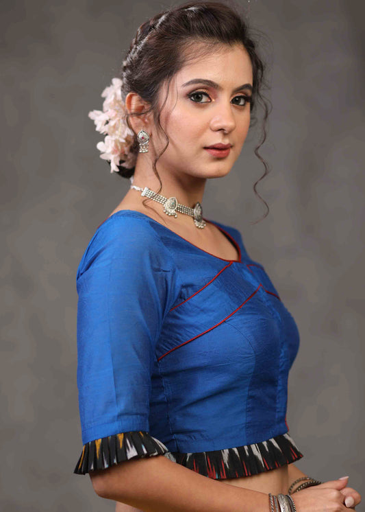 Standout Royal Blue Cotton Silk Blouse with Ikat Combination on Hem and Sleeves
