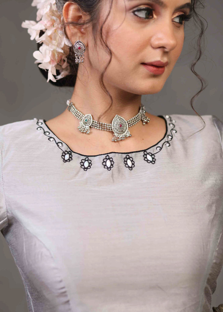 Classy Grey Chanderi Blouse with Overall Beautiful Floral Embroidery