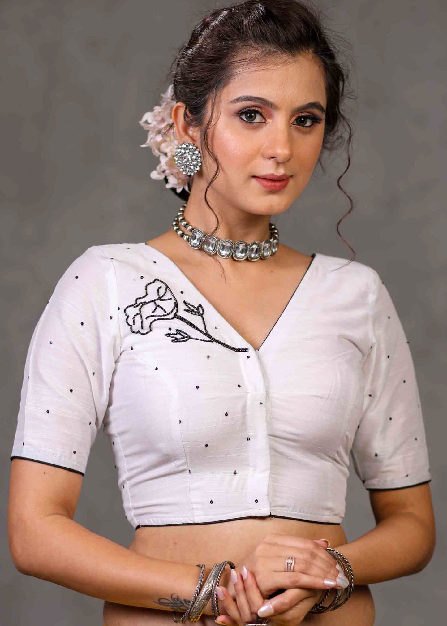 Classy Ivory Cotton Silk Blouse with Beautiful Swan Embroidery on Back and Front