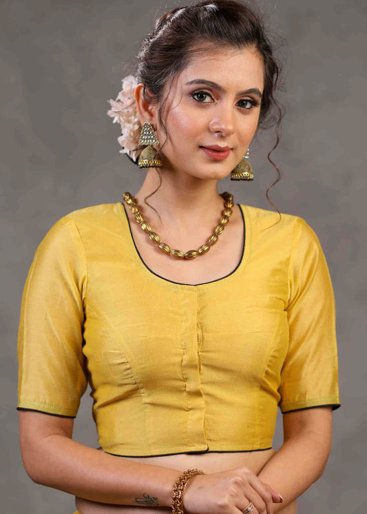 Classy Yellow Chanderi Blouse with Beautiful Cow Embroidered Motif on The Back
