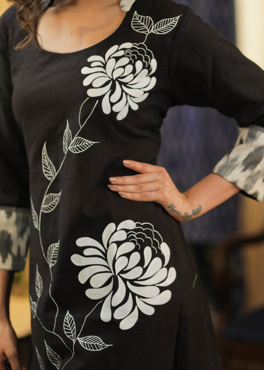 A-line Handloom Cotton Kurta with Ikat and Exclusive Hand Painting all over