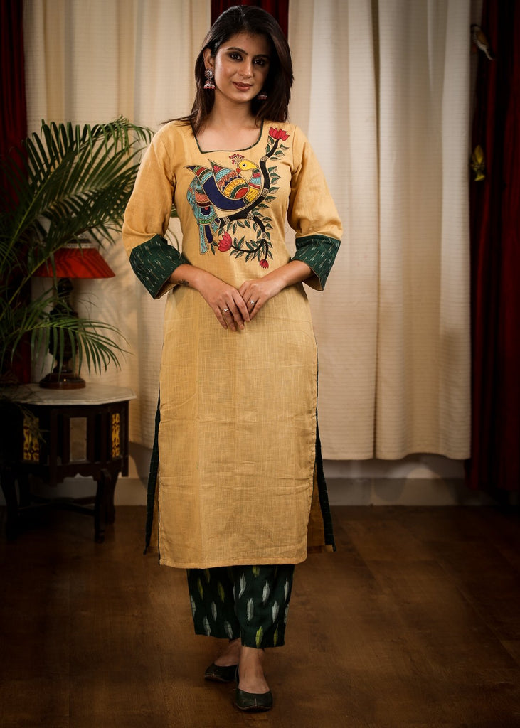 Straight Cut Biscuit Color Cotton Handloom Kurta with Exclusive Hand Painted Madhubani Art
