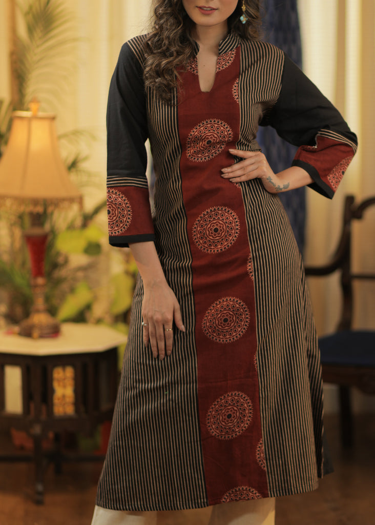 A-Line Handloom Cotton Kurta with Ajrakh combination in contrast