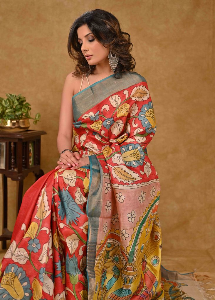 Exclusive Tussar Silk Saree with Kalamkari Painting