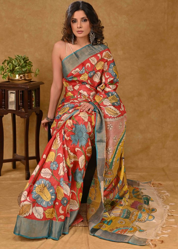 Exclusive Tussar Silk Saree with Kalamkari Painting