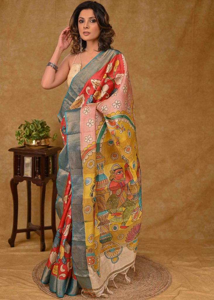 Exclusive Tussar Silk Saree with Kalamkari Painting