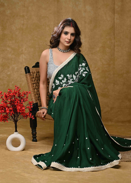 Bottle Green Chiffon Saree with Intricate Sippi Work and Delicate Border