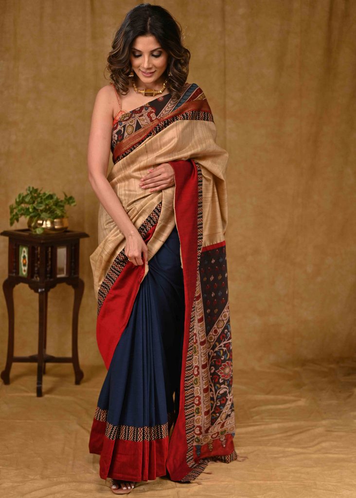 Stylish Blue Cotton Saree with Tussar Silk Pallu and Kalamkari Painting with Maroon Cotton Silk Border