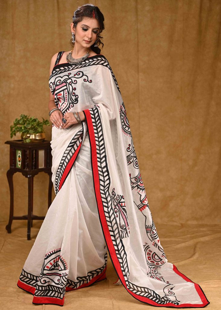 Elegant white Chanderi saree with beautiful painting and mirror work