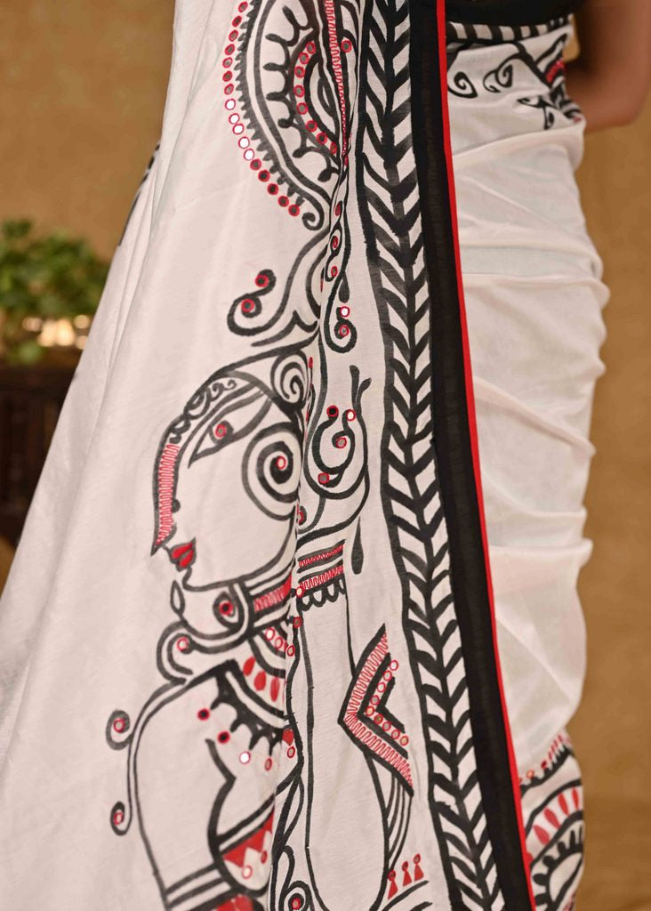 Elegant white Chanderi saree with beautiful painting and mirror work