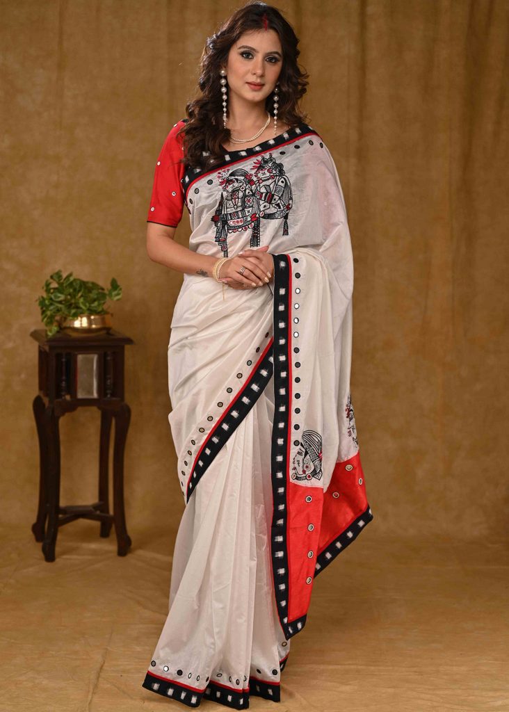 Elegant White And Red Chanderi Saree With Delicate Hand Work And Black Ikaat Border