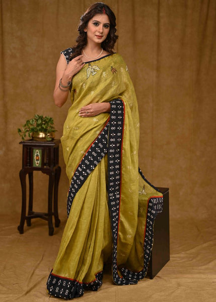 Linen Saree with Black Kantha Work Border and Gond Painting Bird Motif