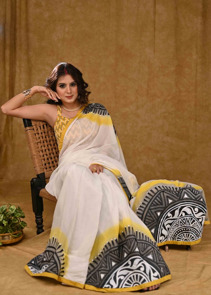 White And Yellow Chiffon Saree with Exclusive Hand painting and Yellow Cotton Silk Border