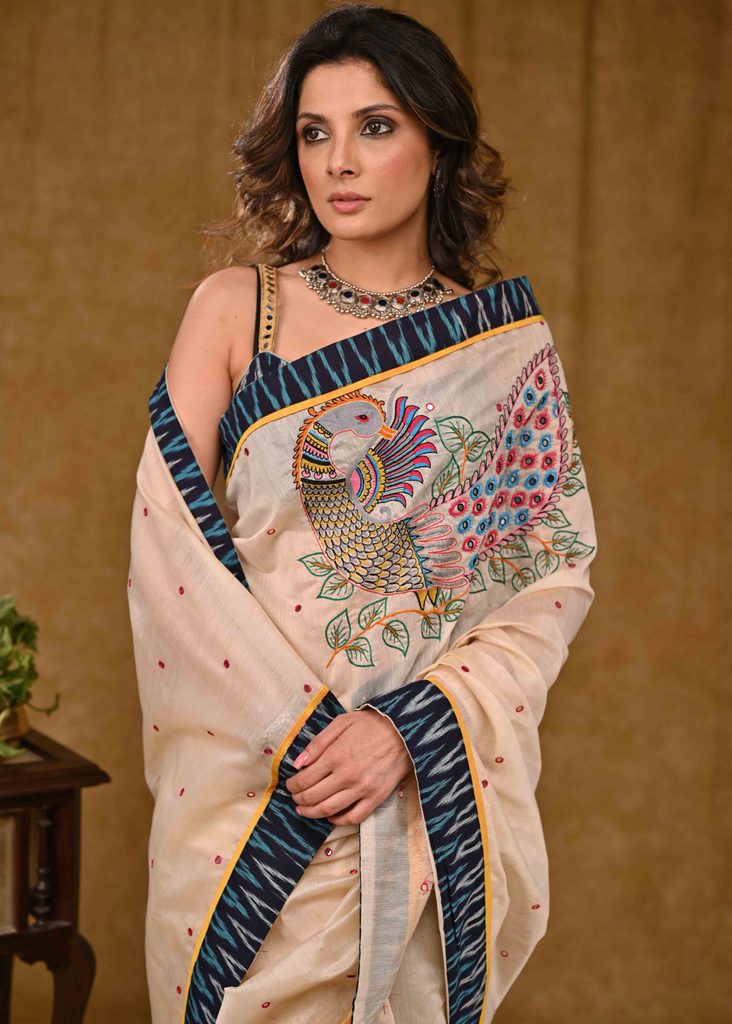 Cream Chanderi Saree with Delicate Peacock Motif Embroidery and Blue Ikaat Border