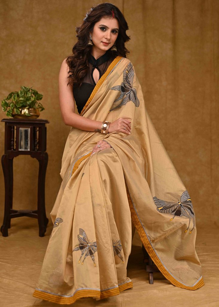 Designer Beige Chanderi Saree with Mustard Ajrakh Border and Delicate Grey Handpainted Butterfly Motif