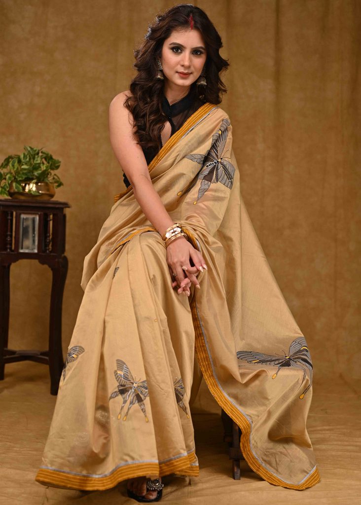 Designer Beige Chanderi Saree with Mustard Ajrakh Border and Delicate Grey Handpainted Butterfly Motif