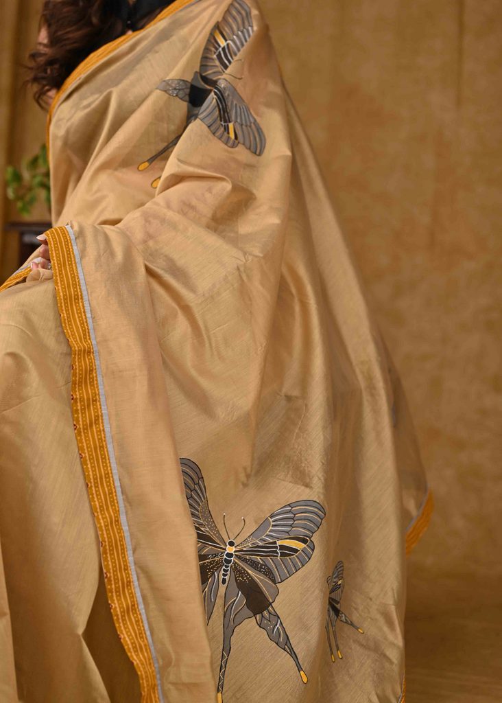 Designer Beige Chanderi Saree with Mustard Ajrakh Border and Delicate Grey Handpainted Butterfly Motif