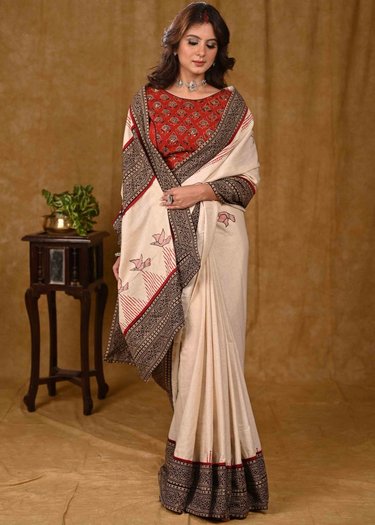 Cream Cotton Saree with Elegant Ajrakh Border and Gond Painting