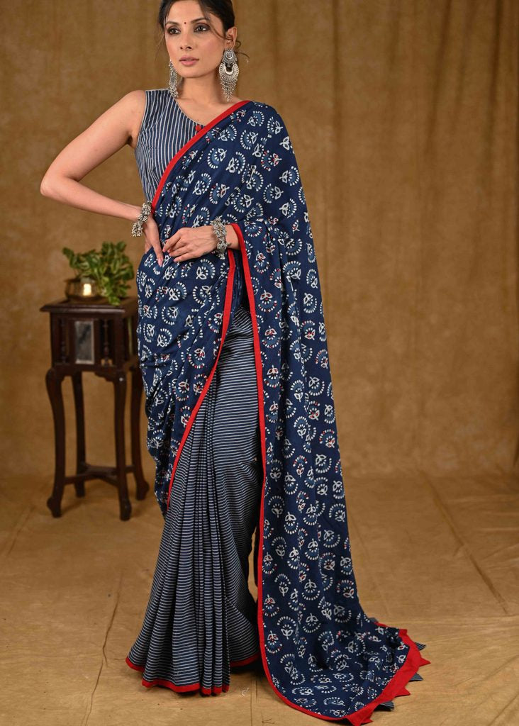 Exclusive Cotton Indigo Ajrakh Saree with Red Stone Embellishments