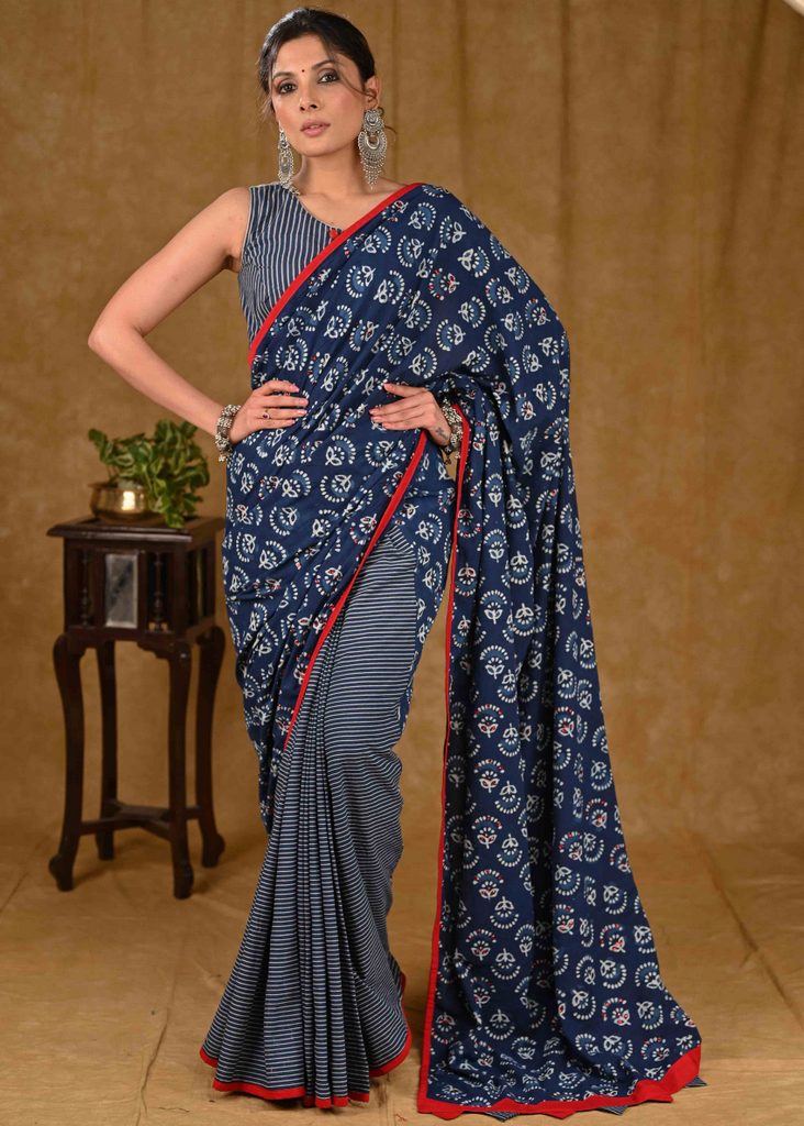 Exclusive Cotton Indigo Ajrakh Saree with Red Stone Embellishments