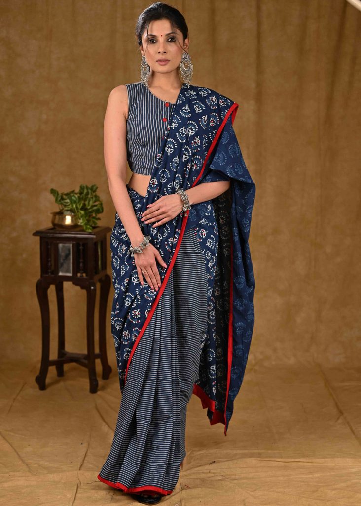 Exclusive Cotton Indigo Ajrakh Saree with Red Stone Embellishments