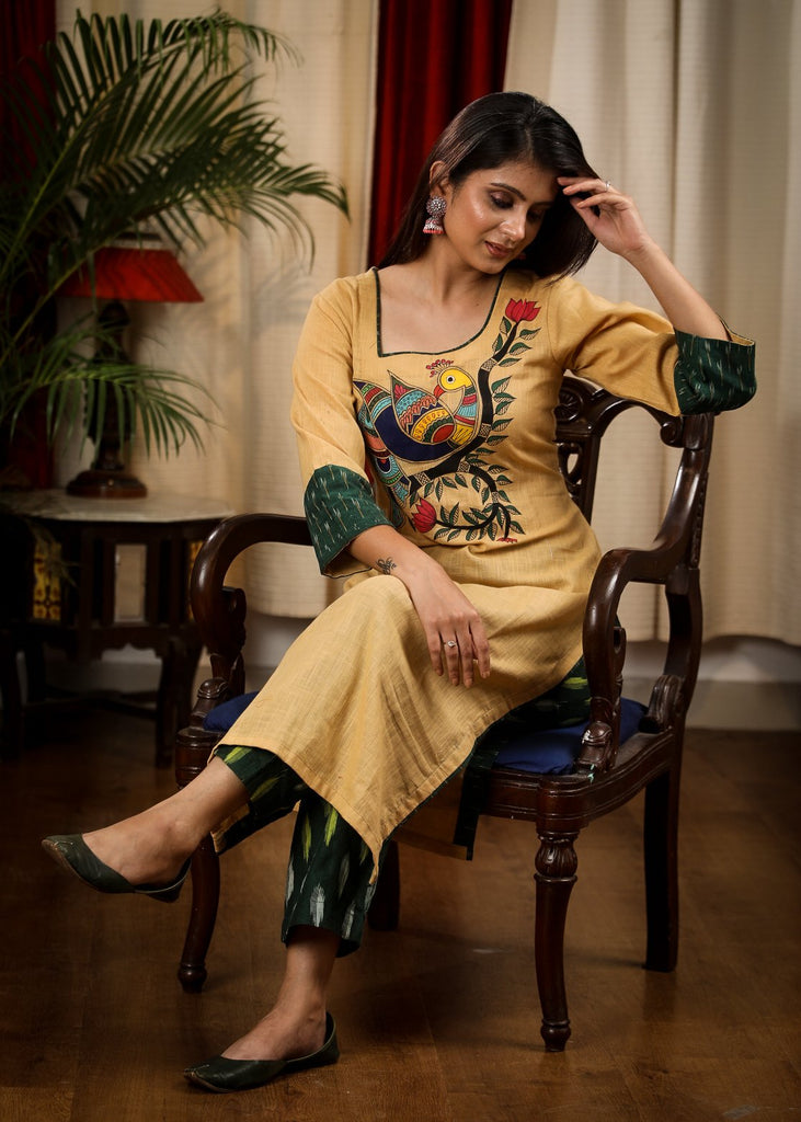Straight Cut Biscuit Color Cotton Handloom Kurta with Exclusive Hand Painted Madhubani Art
