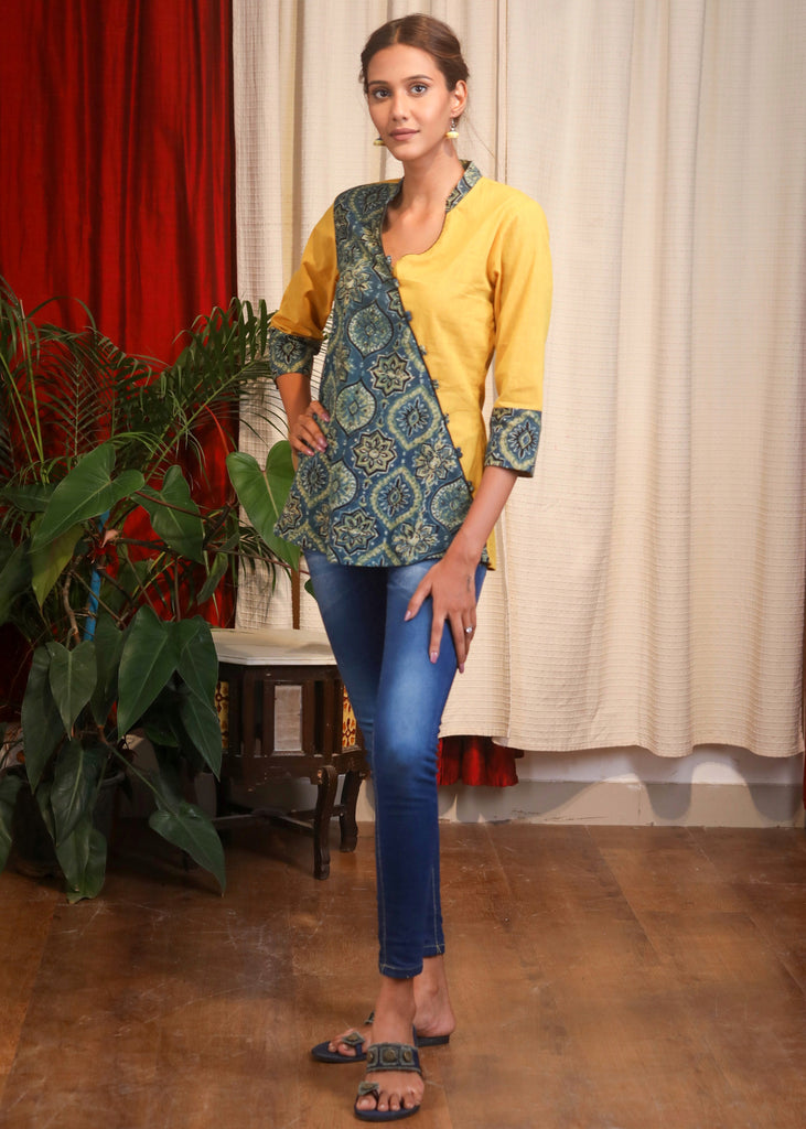 Mustard Cotton Ajrak Combination Top