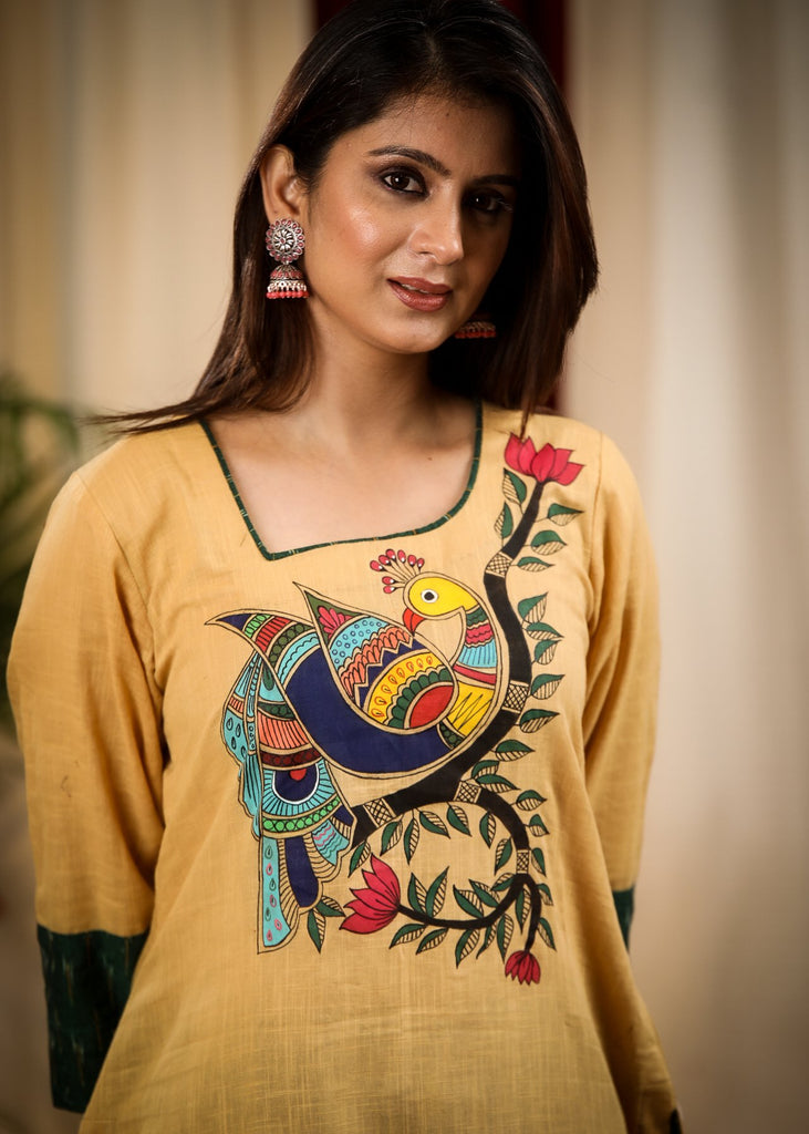 Straight Cut Biscuit Color Cotton Handloom Kurta with Exclusive Hand Painted Madhubani Art
