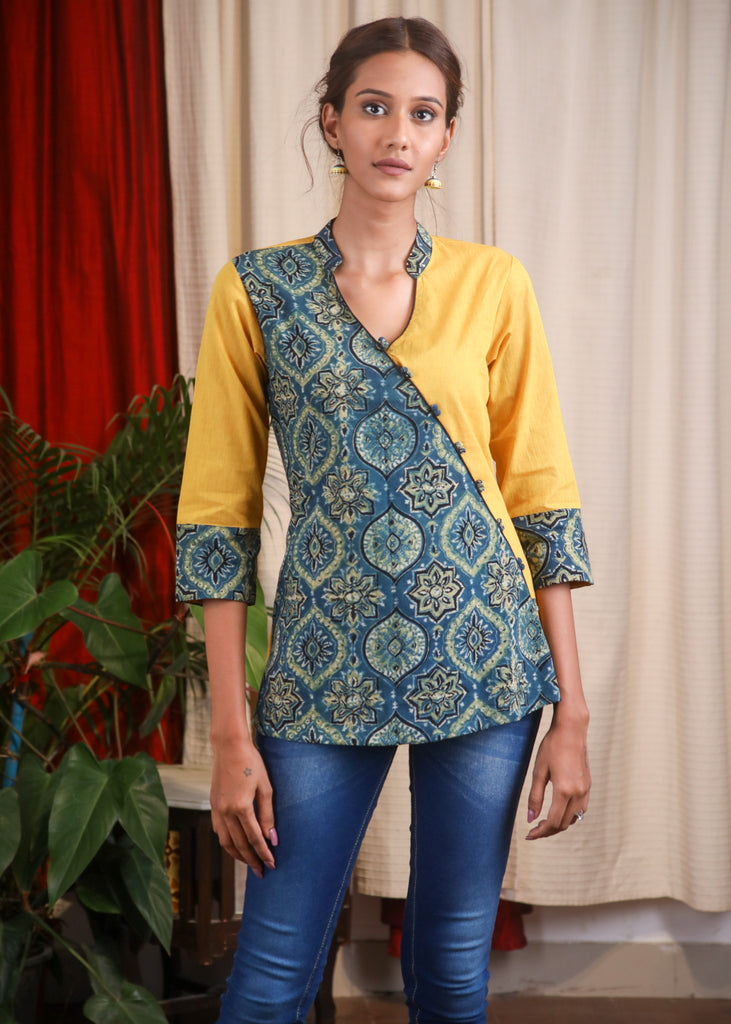 Mustard Cotton Ajrak Combination Top
