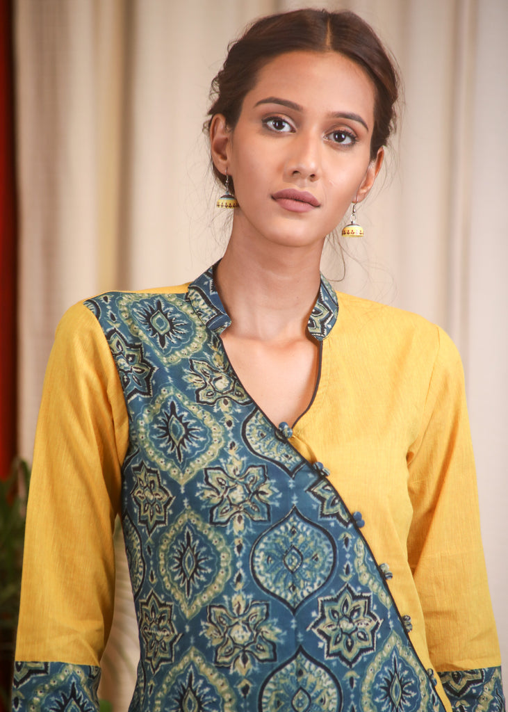 Mustard Cotton Ajrak Combination Top