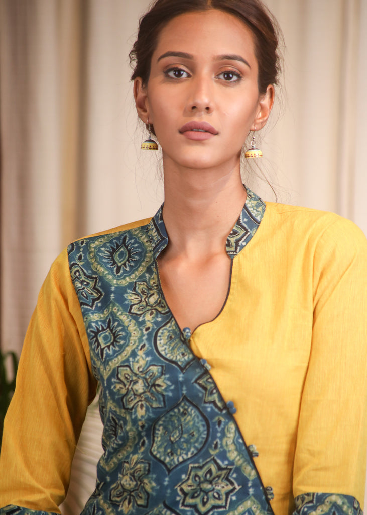 Mustard Cotton Ajrak Combination Top