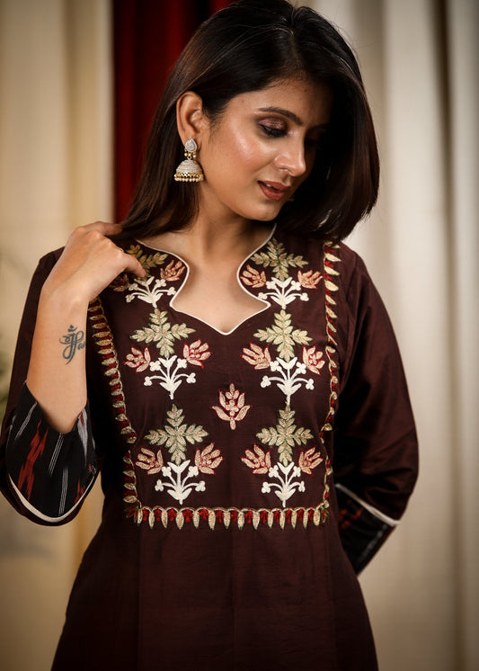 Straight Cut Coffee Brown Cotton Silk Kurta with Elegant Embroidery work