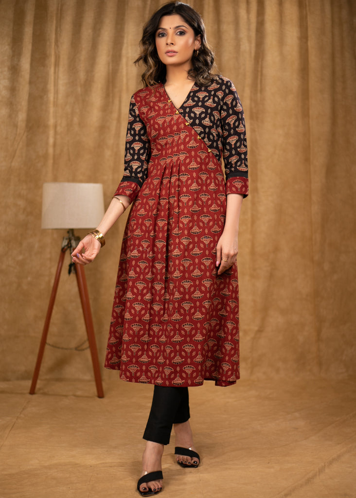 Trendy Maroon & Black Tulip Print Cotton Ajrakh A line kurta