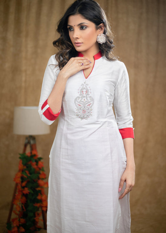 Straight Cut White Cotton silk kurta with stone embedded Handwork .