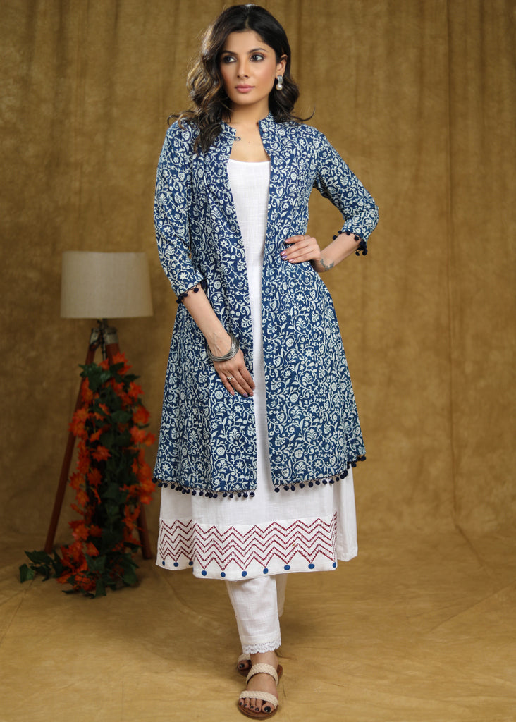 Elegant White Cotton Hand Painted Sleeveless Kurta with Indigo Jacket - Pant Optional