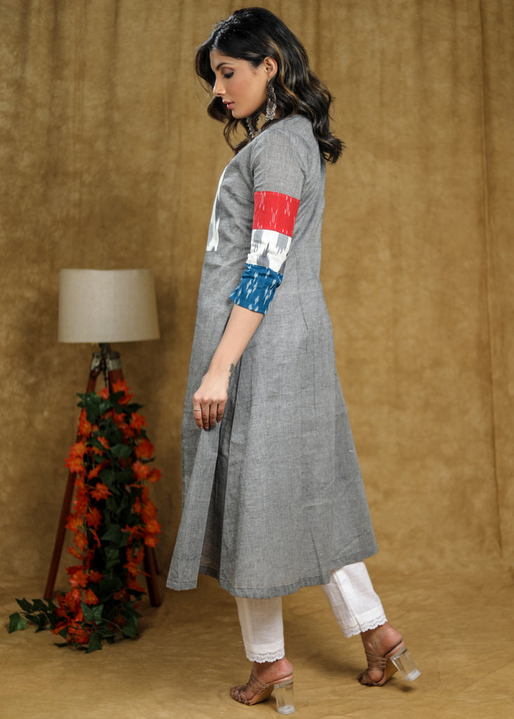 Delicate White Cotton Sleeveless Kurta with Grey Ikat Jacket & Contrast Sleeves (2 Piece) - Pant Optional