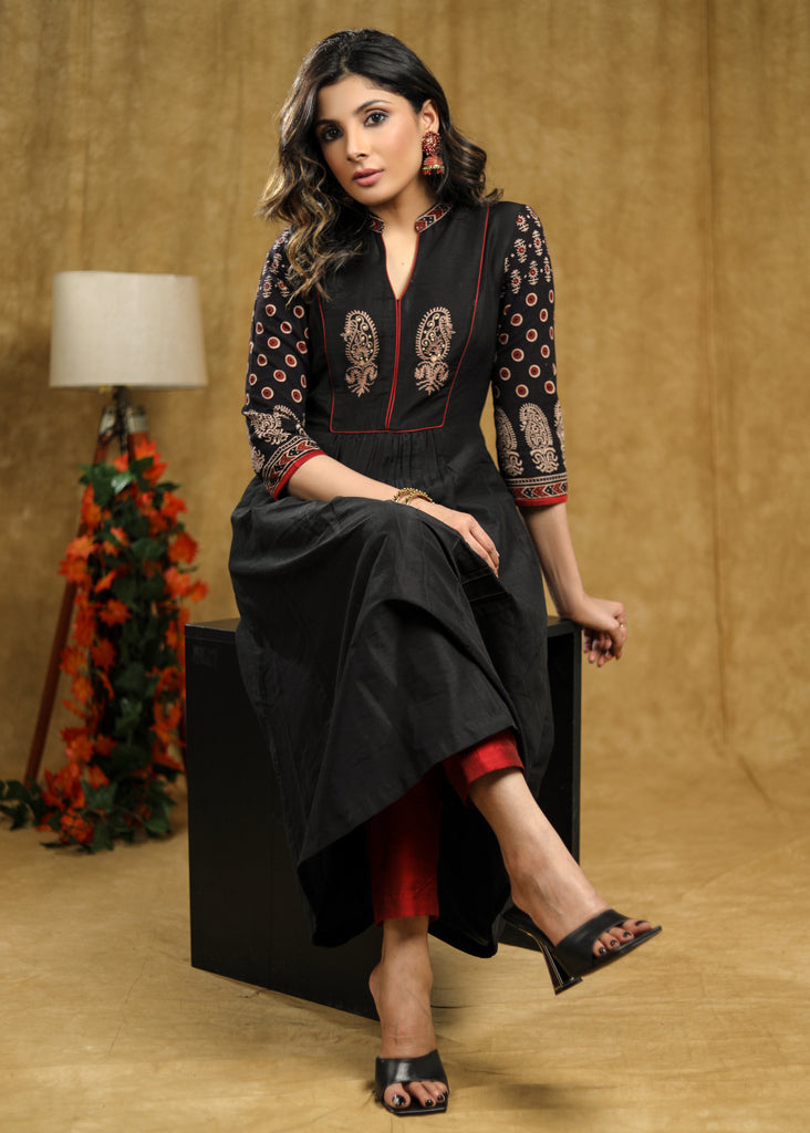 Exclusive Black cotton kurta with Ajrakh sleeves & Ambi embroidery on yoke.