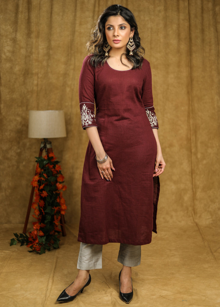 Cotton Embroidered Wine Kurta with Matching Pant - Embroidered Ikat Jacket Optional
