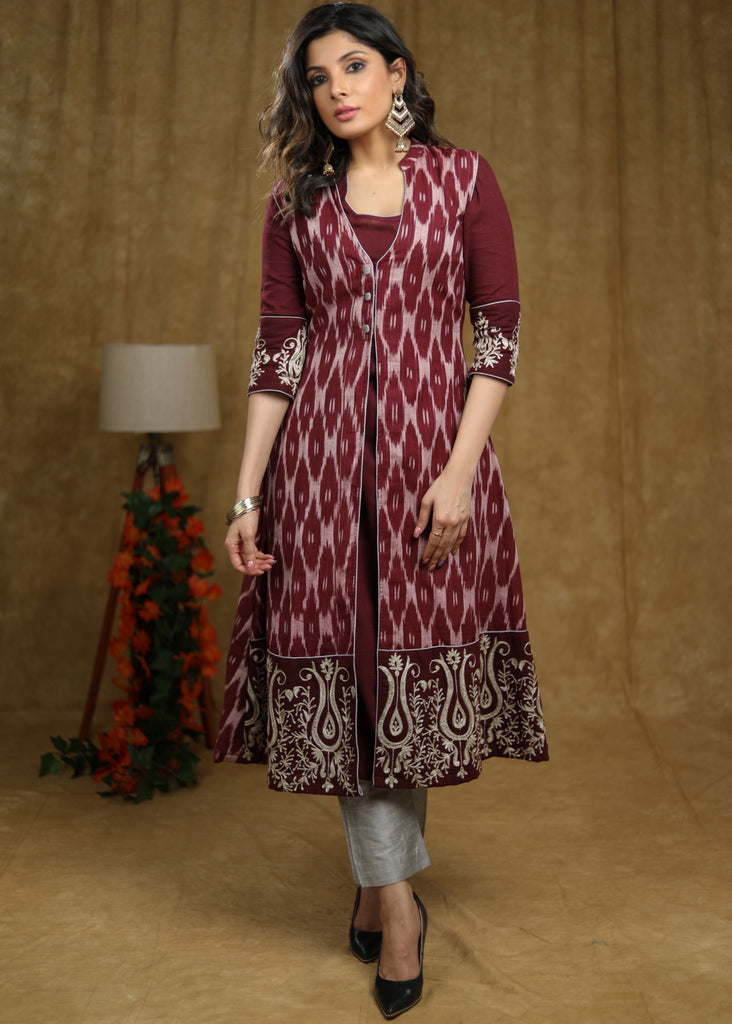 Cotton Embroidered Wine Kurta with Matching Pant - Embroidered Ikat Jacket Optional